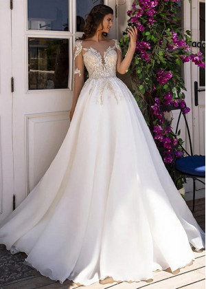 Long Sleeve Beaded Ivory Lace Organza Wedding Dress